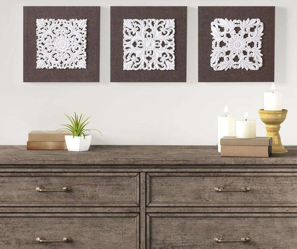 White Mandala Trinity 3D Embellished Linen Canvas 3 Piece Wall Art White & Brown Olliix.com