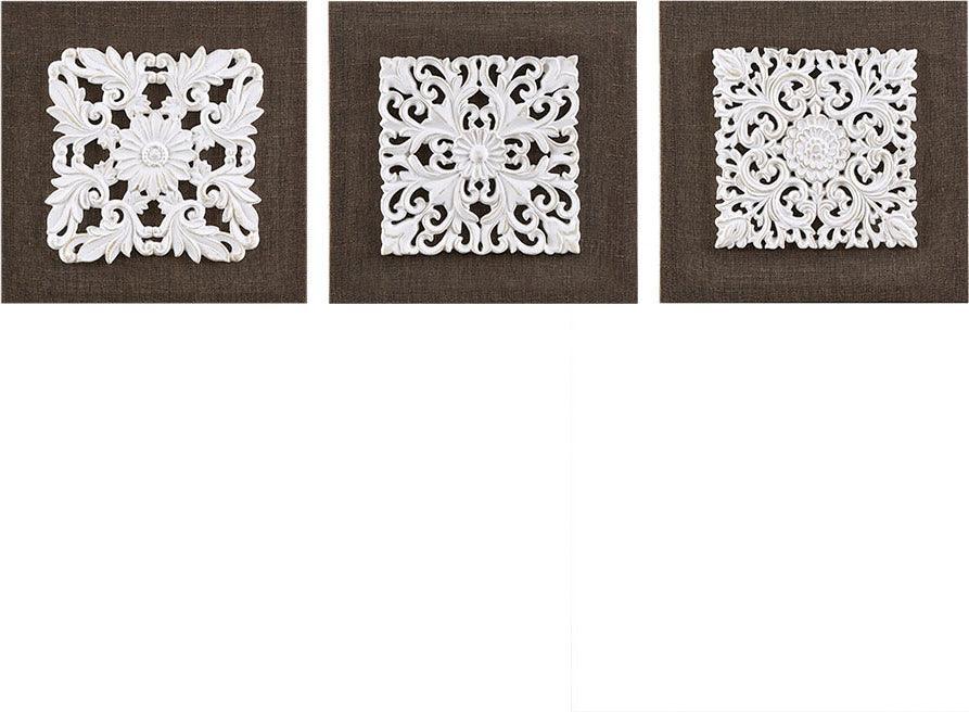 White Mandala Trinity 3D Embellished Linen Canvas 3 Piece Wall Art White & Brown Olliix.com