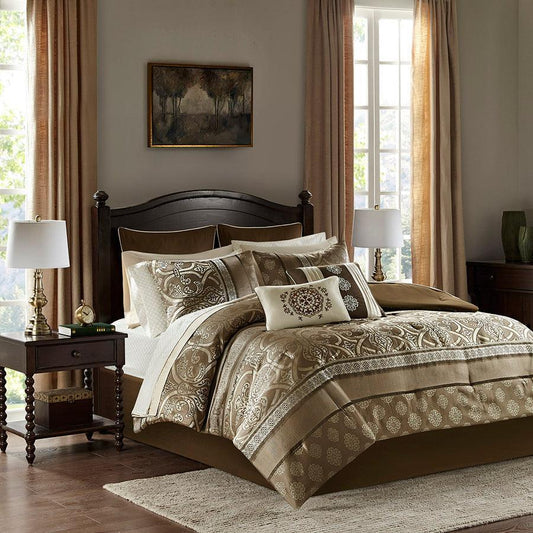 Zara 16 PC Jacquard Bedding Set With 2 Sheet Sets Brown Olliix.com