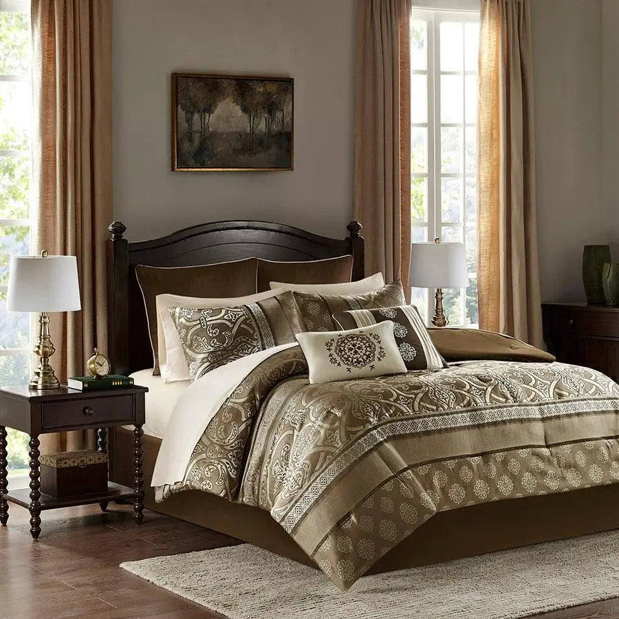 Zara 16 PC Jacquard Bedding Set With 2 Sheet Sets Brown Olliix.com
