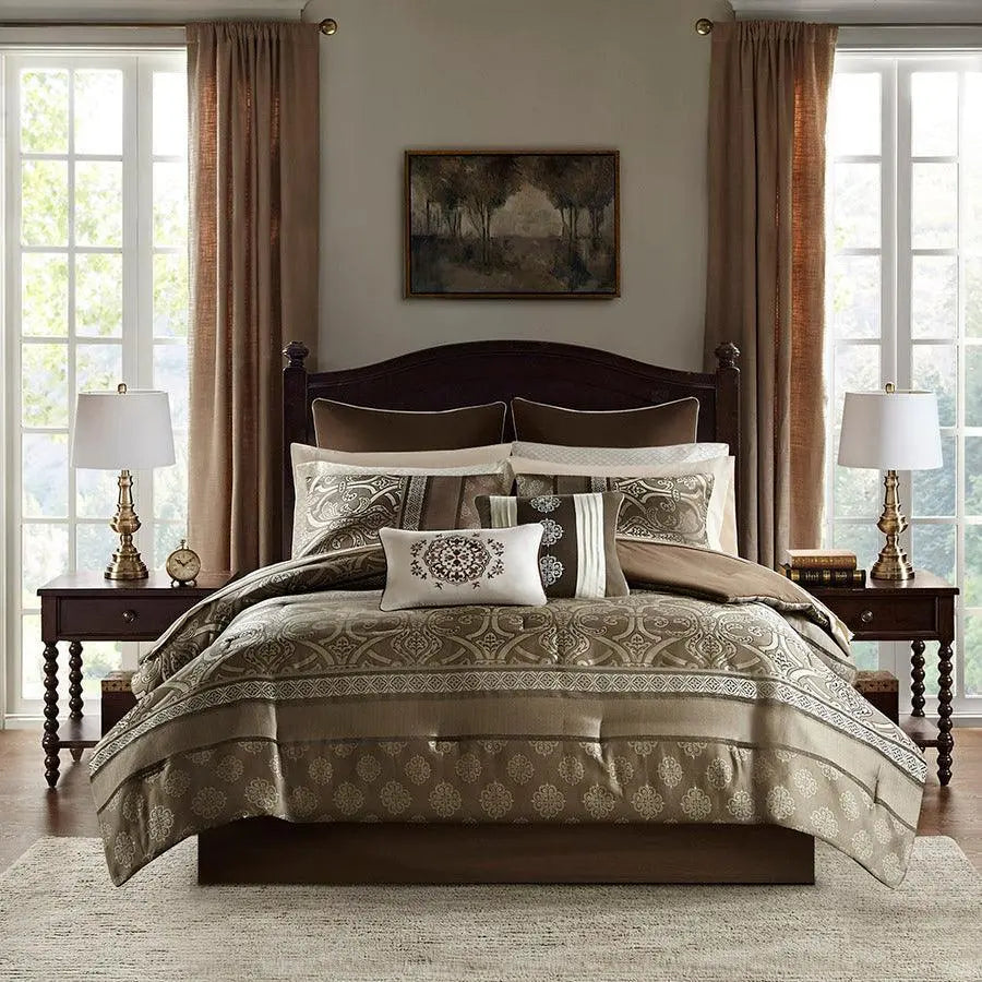 Zara 16 PC Jacquard Bedding Set With 2 Sheet Sets Brown Olliix.com