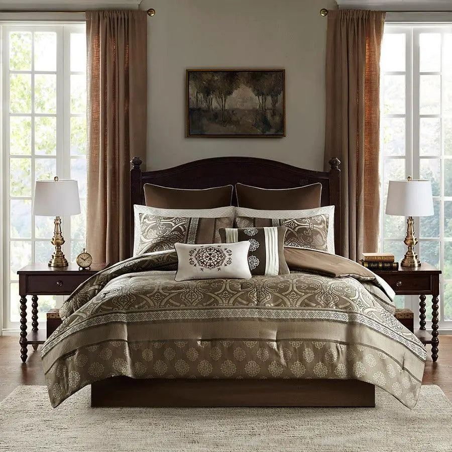 Zara 16 PC Jacquard Bedding Set With 2 Sheet Sets Brown Olliix.com