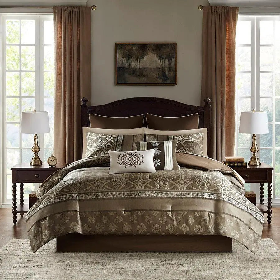 Zara 16 PC Jacquard Bedding Set With 2 Sheet Sets Brown Olliix.com