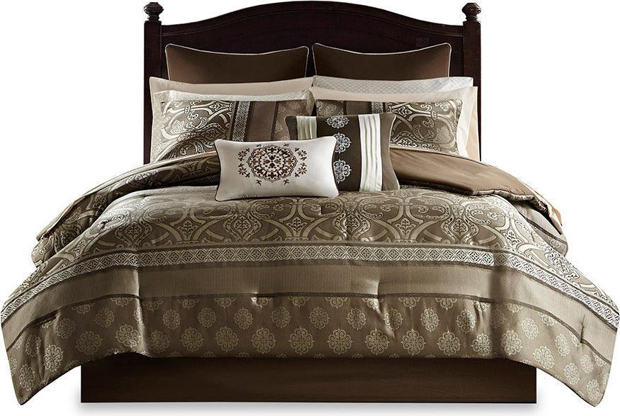 Zara 16 PC Jacquard Complete Bedding Set With 2 Sheet Sets Brown King Olliix.com