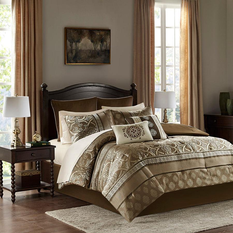 Zara 16 PC Jacquard Complete Bedding Set With 2 Sheet Sets Brown King Olliix.com