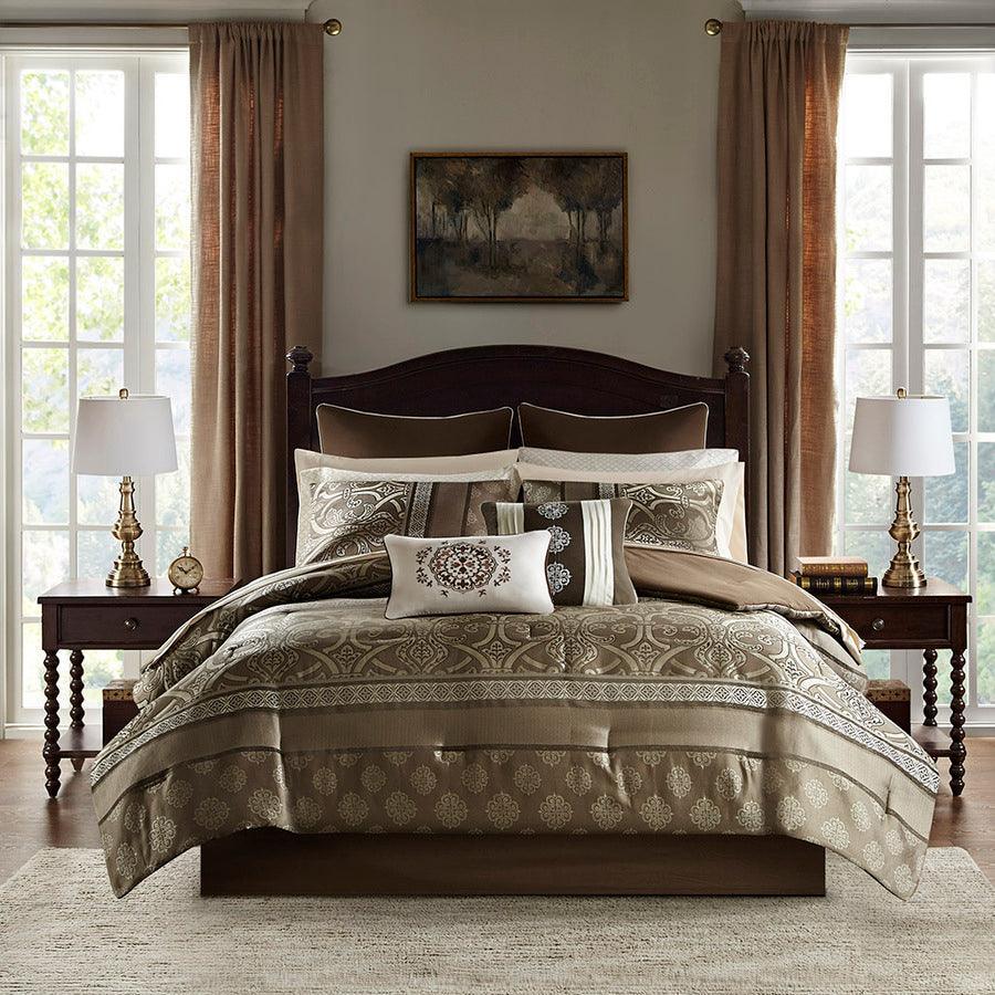 Zara 16 PC Jacquard Complete Bedding Set With 2 Sheet Sets Brown King Olliix.com