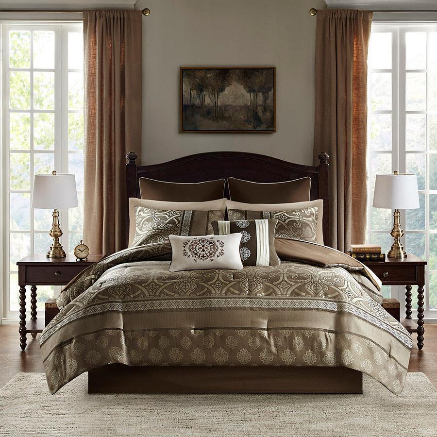 Zara 16 PC Jacquard Complete Bedding Set With 2 Sheet Sets Brown King Olliix.com