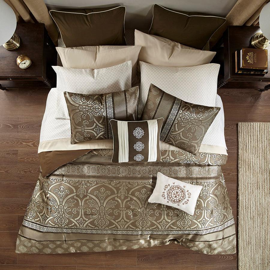 Zara 16 PC Jacquard Complete Bedding Set With 2 Sheet Sets Brown King Olliix.com