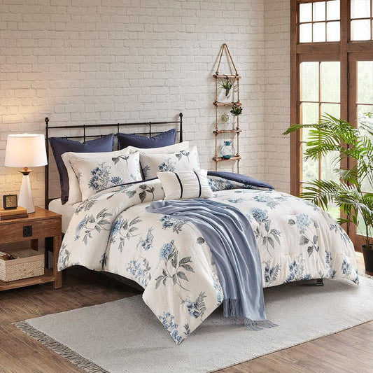 Zennia Full/Queen 7 PC Printed Seersucker Comforter Set with Throw Blanket Blue Olliix.com