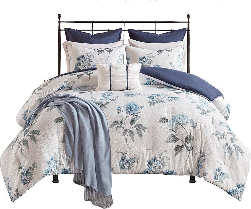 Zennia Full/Queen 7 PC Printed Seersucker Comforter Set with Throw Blanket Blue Olliix.com