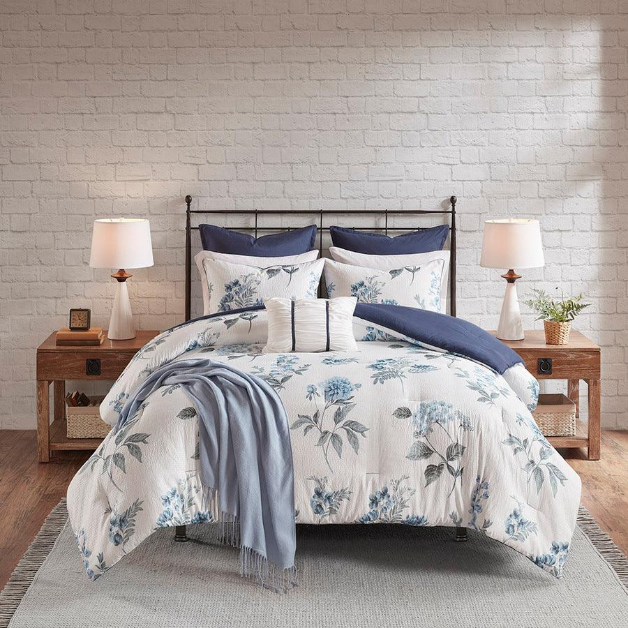 Zennia Full/Queen 7 PC Printed Seersucker Comforter Set with Throw Blanket Blue Olliix.com