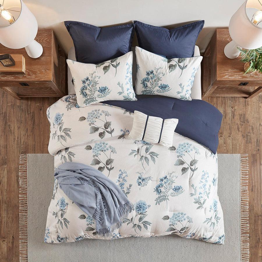 Zennia Full/Queen 7 PC Printed Seersucker Comforter Set with Throw Blanket Blue Olliix.com