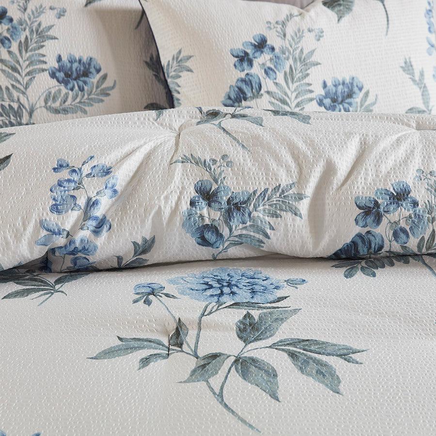 Zennia Full/Queen 7 PC Printed Seersucker Comforter Set with Throw Blanket Blue Olliix.com