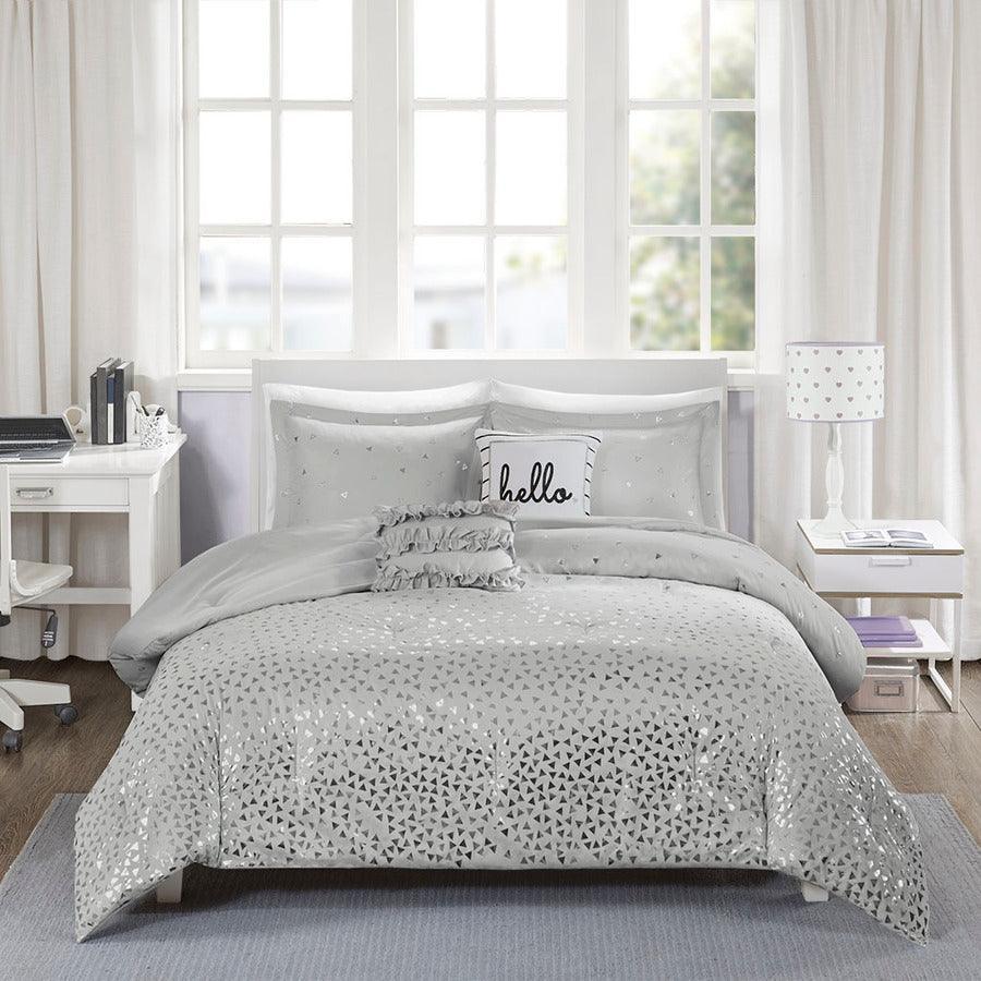 Zoey Metallic 26 " W Triangle Print Comforter Set Gray & Silver Full/Queen Olliix.com